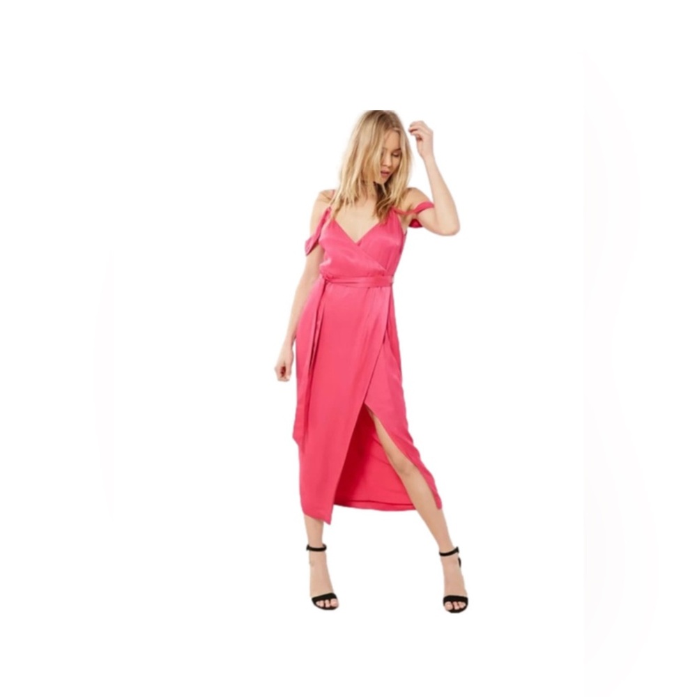 Bardot Leah Hot Pink Satin Off The Shoulder Maxi Wrap dress Size 10 NWT